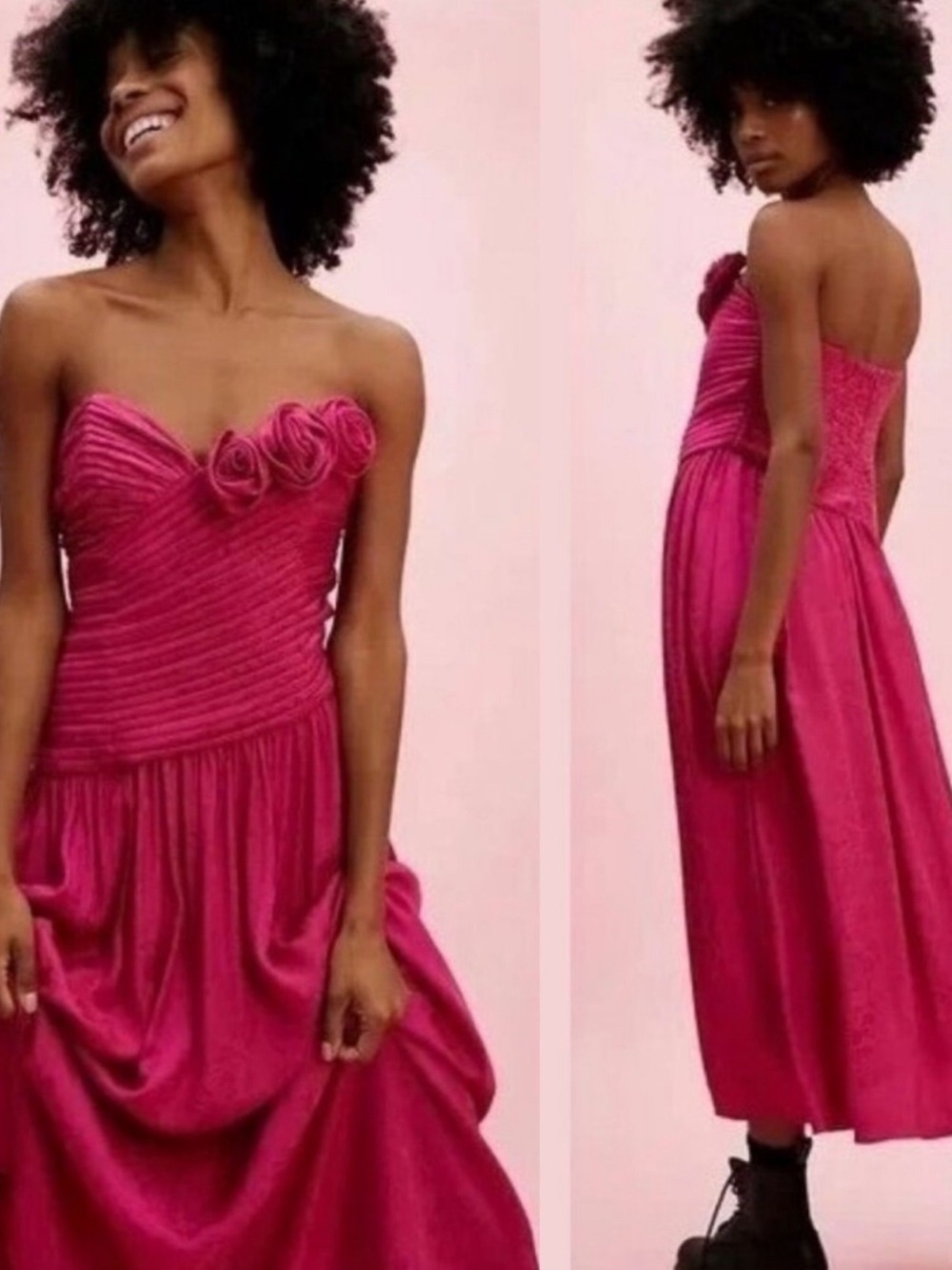 Free People Strapless Fuchsia Make An Entrance Midi Dress Rosette Detail